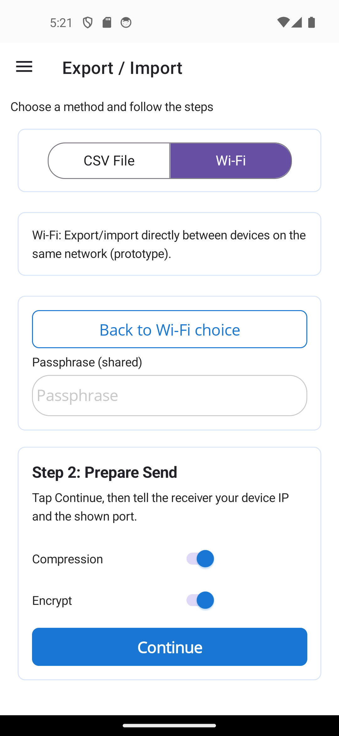 Export and Wi‑Fi transfer screen showing CSV options and secure passphrase transfer