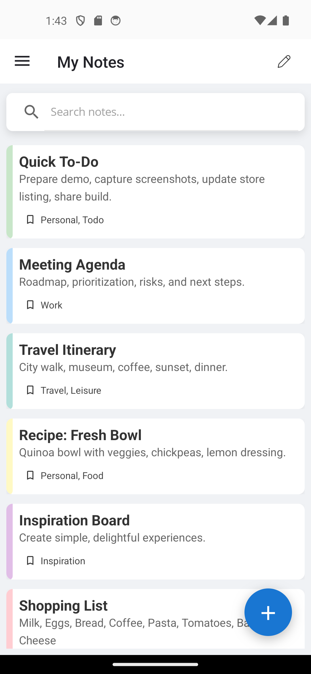 NembaNotes rich text editor showing a formatted recipe with headings, tables, and lists
